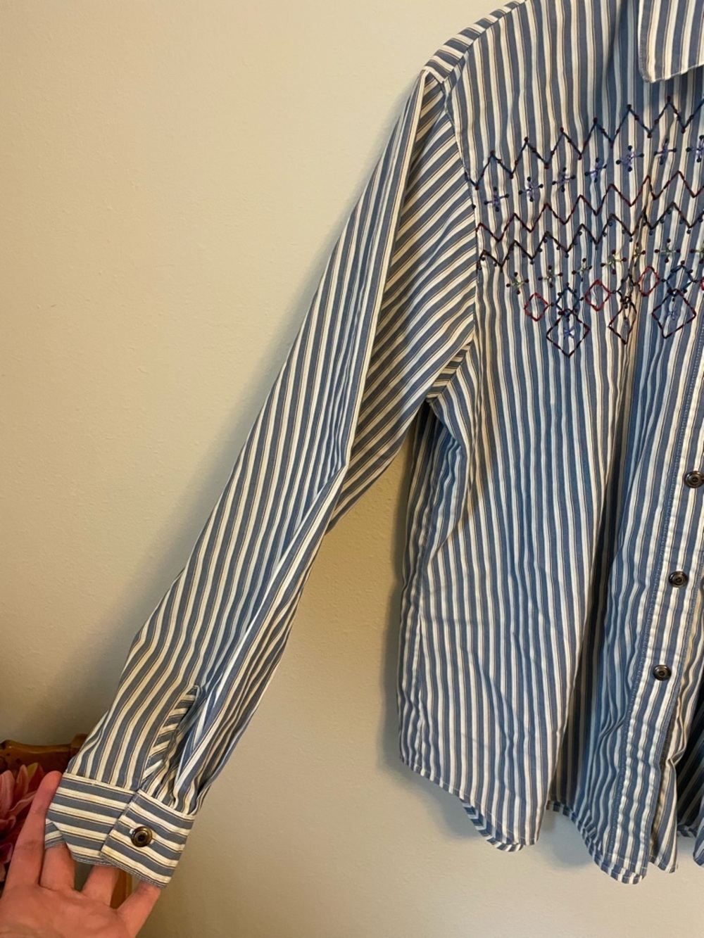Vintage Striped Embroidered Button Up Shirt - Western Cottagecore - Size M - Picture 4 of 7